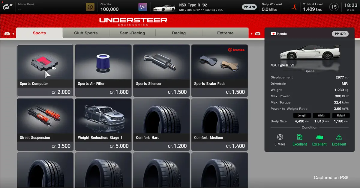 Ecrã de afinação da garagem em Gran Turismo 7 detalhando os pontos de desempenho do carro