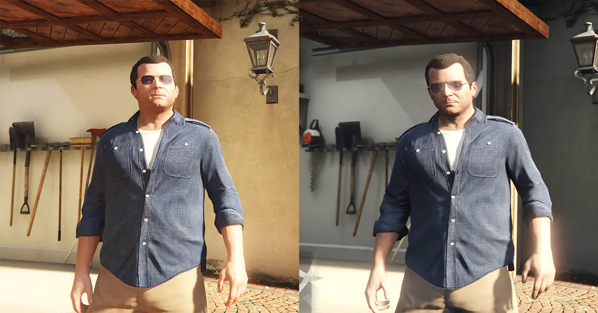 Comparação em ecrã dividido mostrando sombras padrão versus oclusão ambiental com ray-tracing no GTA V Enhanced