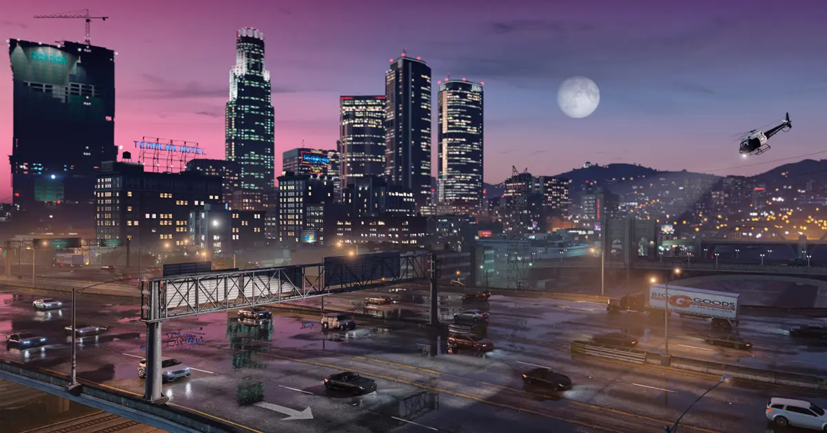Captura de ecrã de jogabilidade no PC do GTA V Enhanced Edition, destacando reflexos com ray-tracing nas ruas de Los Santos