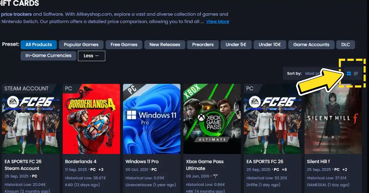 Vista de grelha ou Vista de lista