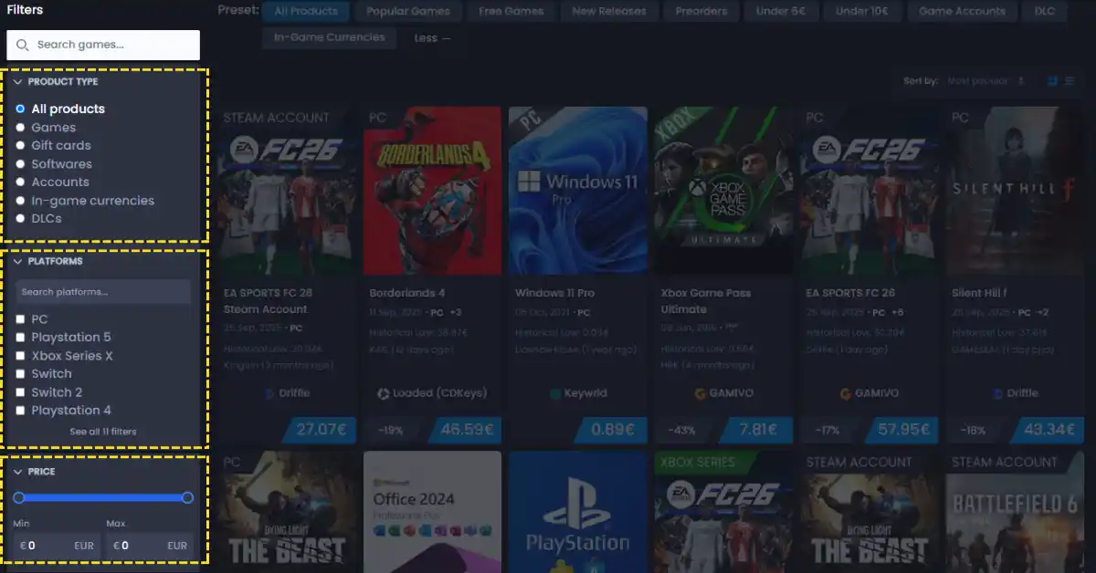 Filtros do catálogo Cdkeypt - Barra lateral