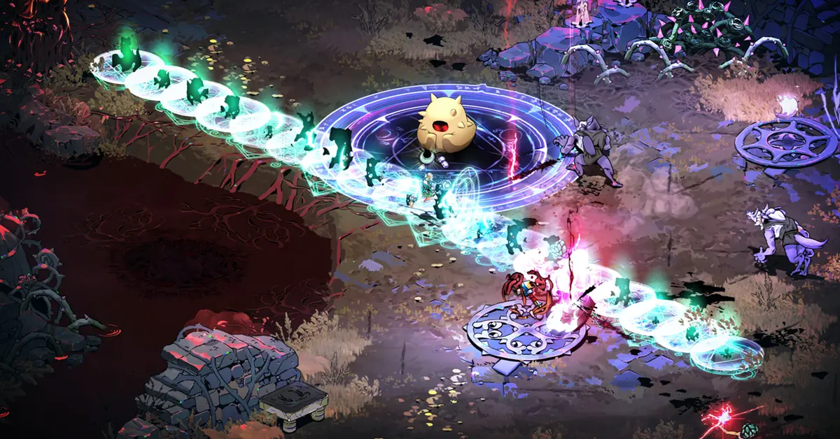 Melinoe a combater inimigos numa masmorra vibrante e isométrica do submundo em Hades II.
