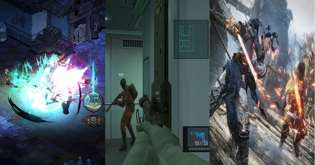 Um ecrã dividido em três que mostra a jogabilidade de Hades II, Metal Gear Solid Master Collection Vol 1 e Wo Long: Fallen Dynasty no PC.