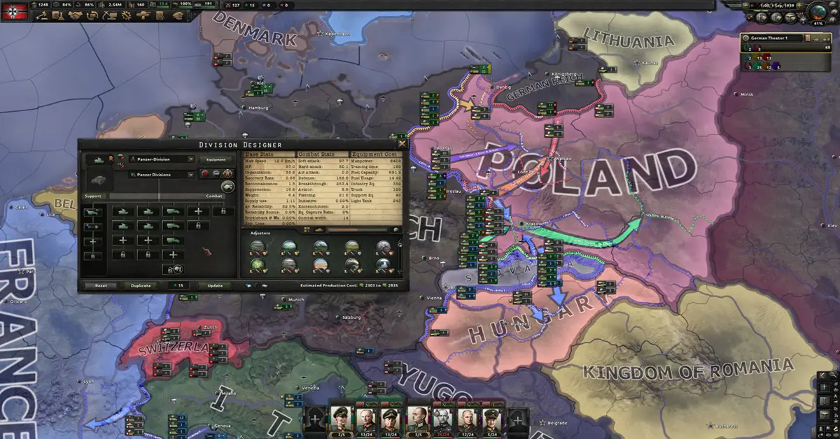 Uma vista detalhada do mapa de grande estratégia de Hearts of Iron IV a mostrar as fronteiras europeias e os destacamentos de tropas