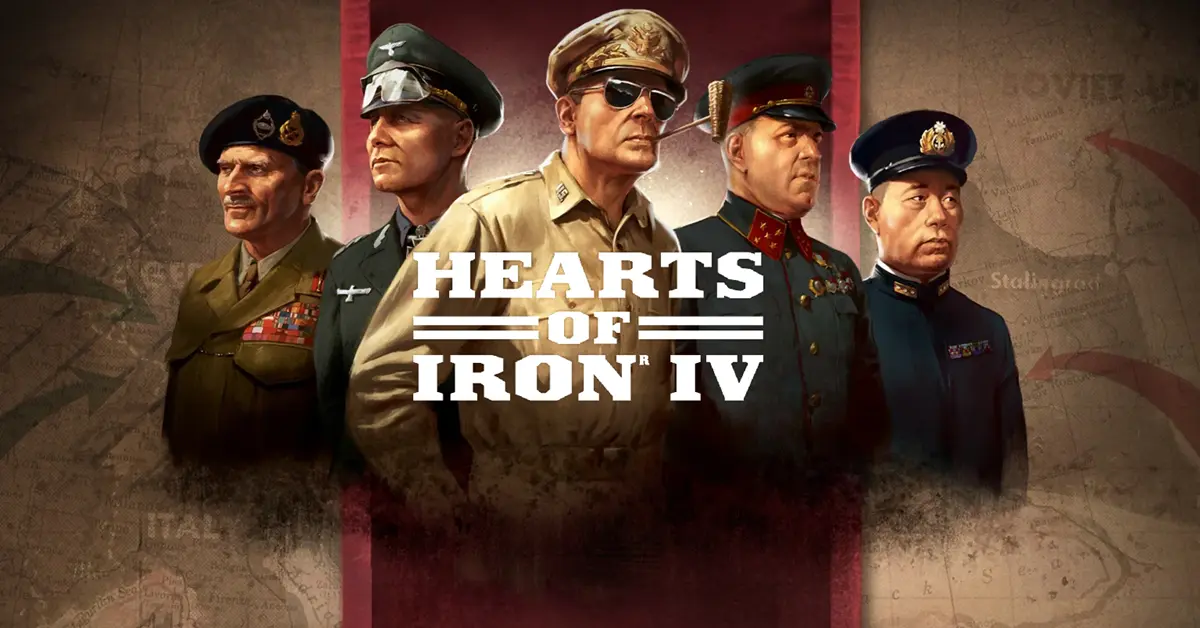 Arte principal de Hearts of Iron IV apresentando generais da Segunda Guerra Mundial e elementos do mapa estratégico