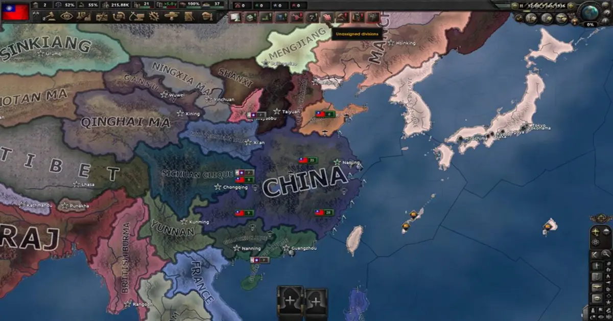 Vista tática do mapa do Teatro do Pacífico em Hearts of Iron IV No Compromise No Surrender