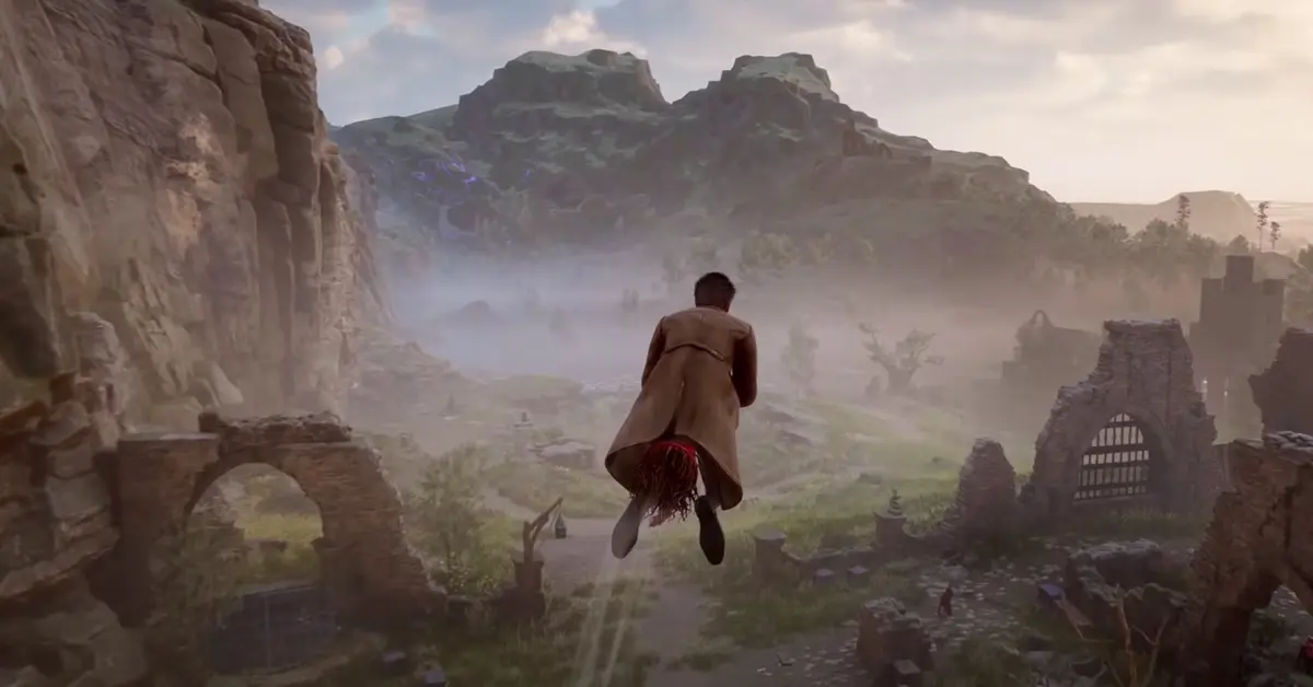 Um personagem do jogador a voar numa vassoura sobre a vasta Floresta Proibida