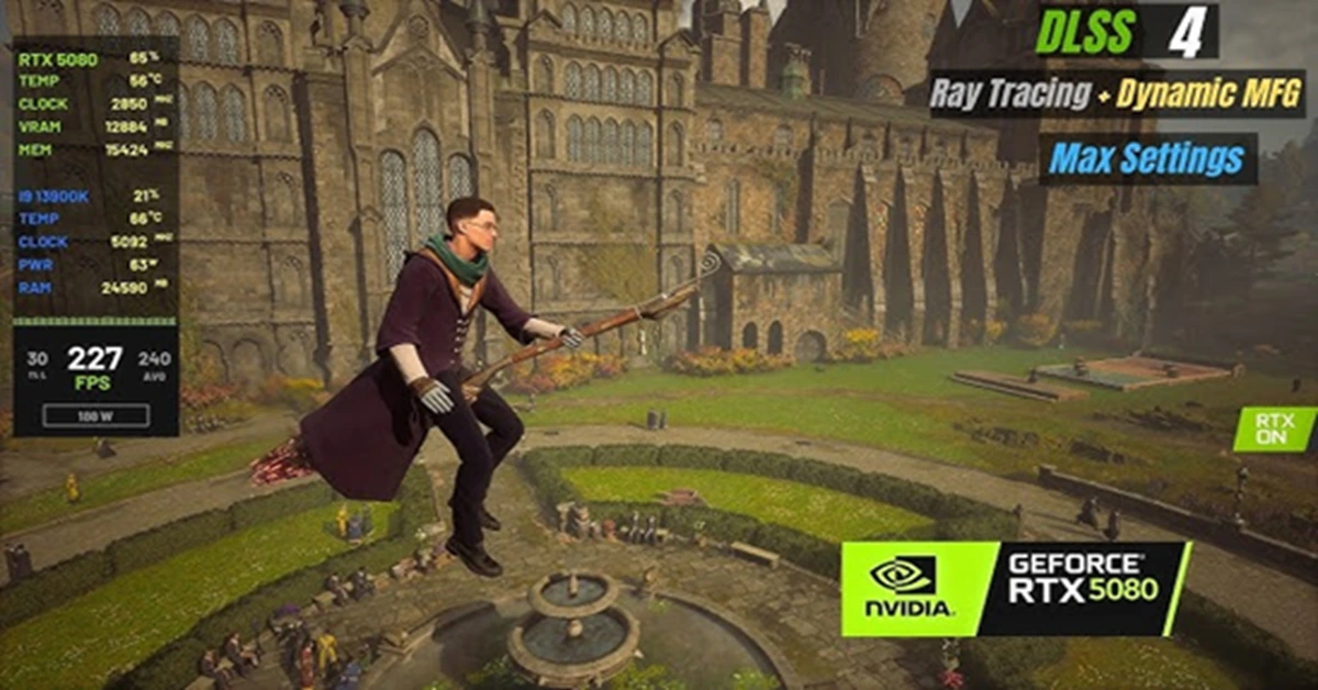 Hogwarts Legacy a correr no PC com DLSS4 e ray-tracing avançado ativados.