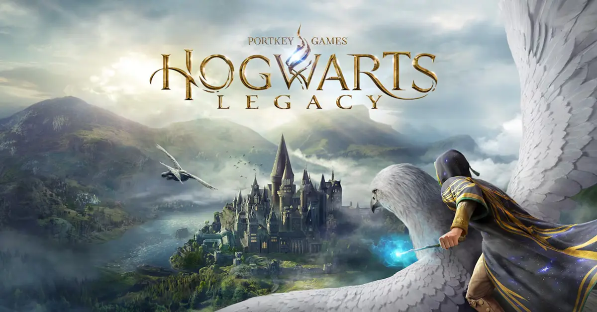 Gameplay de Hogwarts Legacy mostrando o exterior da escola de magia ao crepúsculo.