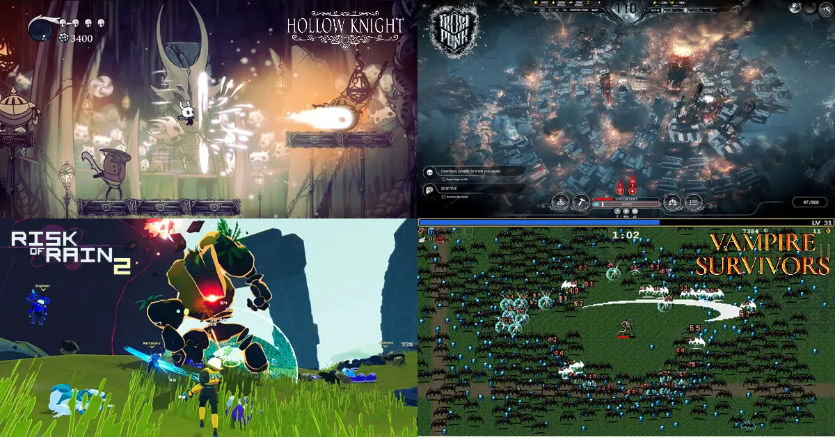Quatro painéis divididos apresentando artes de jogo distintas de Frostpunk, Hollow Knight, Risk of Rain 2 e Vampire Survivors