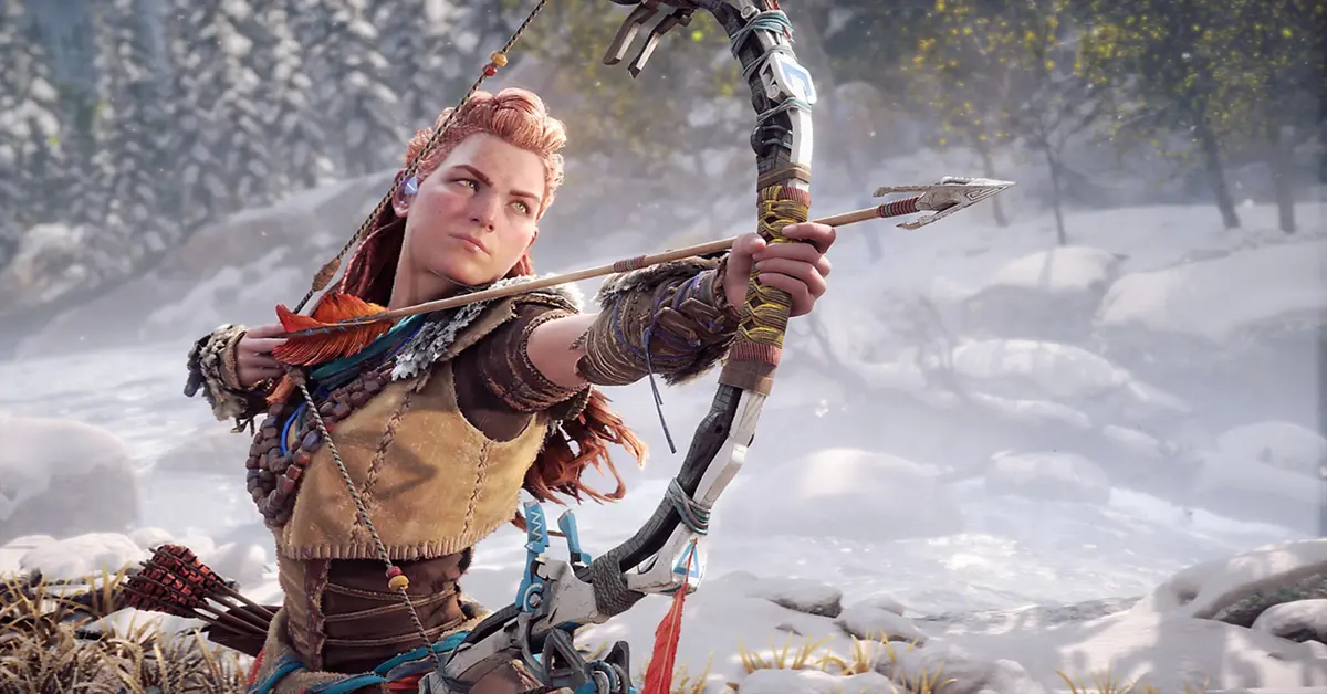 Captura de ecrã de alta resolução de jogabilidade de Horizon Forbidden West a correr no PC com definições ultra, mostrando Aloy a fazer pontaria com o seu arco