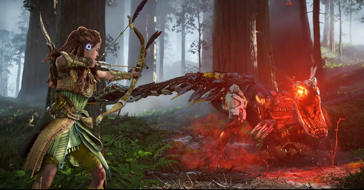 Aloy a esticar o seu arco contra uma grande criatura mecânica num ambiente de selva vibrante em Horizon Forbidden West.
