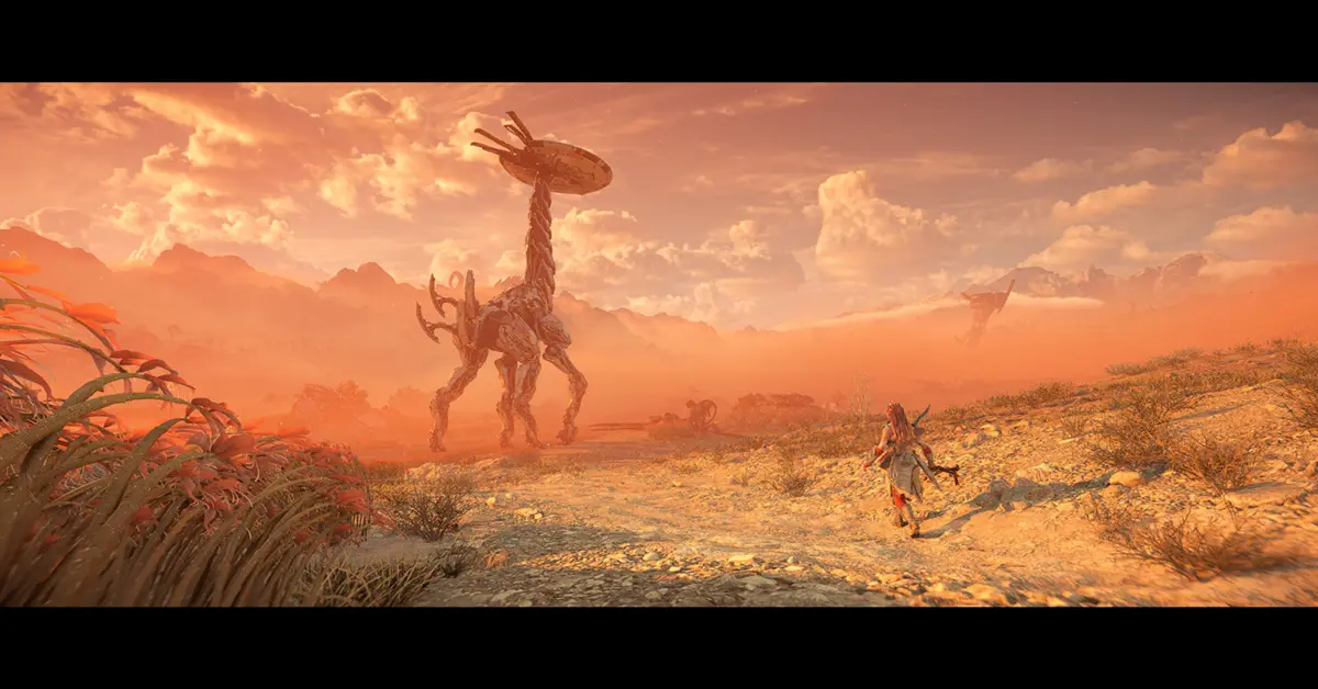 Captura de ecrã de jogabilidade de Aloy a explorar uma paisagem mecânica em ruínas no Horizon Forbidden West para PC.