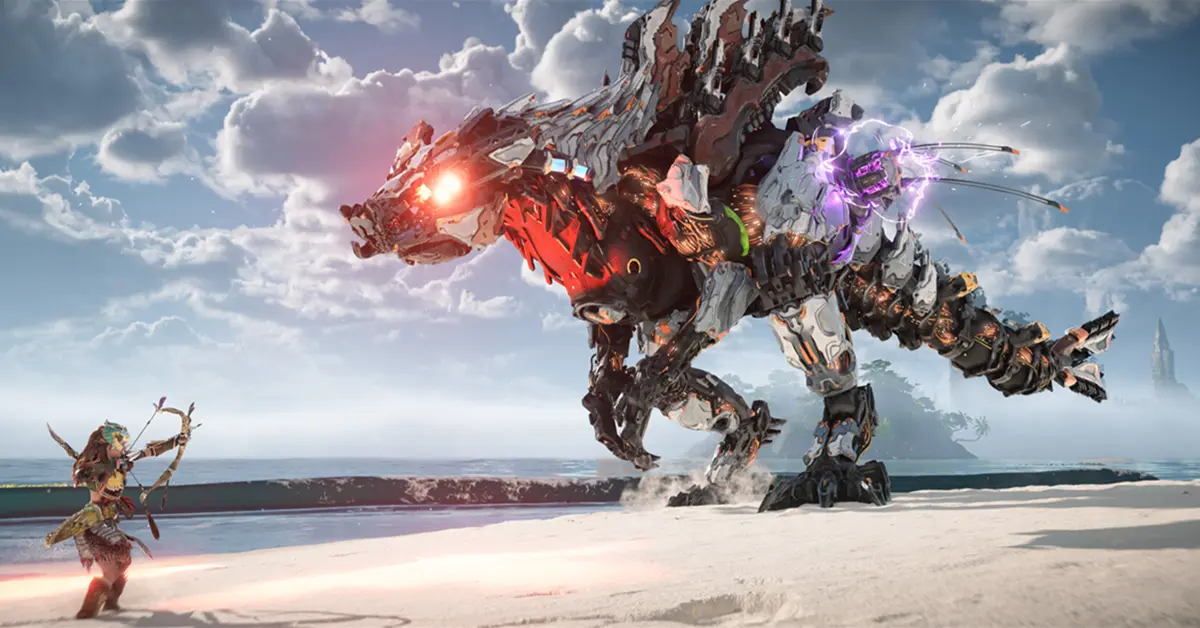 Aloy a combater uma máquina mecânica em Horizon Forbidden West PC
