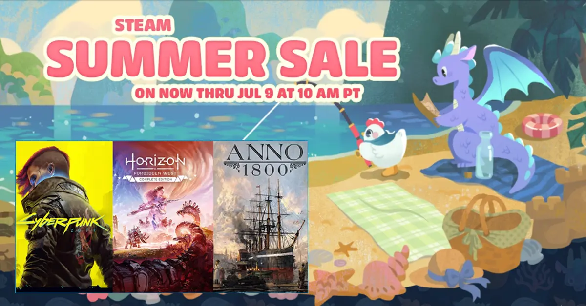 Imagem de desconto de pacotes das Promoções de Verão do Steam em destaque com Cyberpunk 2077, Horizon Forbidden West e Anno 1800