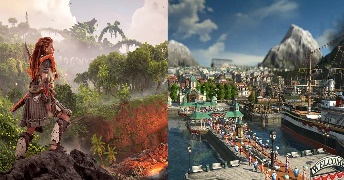 Imagem dividida mostrando os ambientes exuberantes e cheios de vegetação de Horizon Forbidden West à esquerda e uma densa cidade vitoriana industrializada em Anno 1800 à direita.
