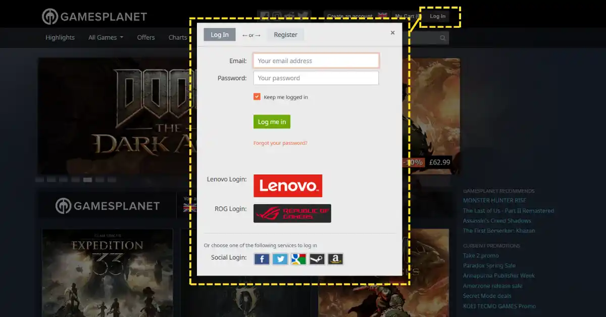 Login na conta Gamesplanet