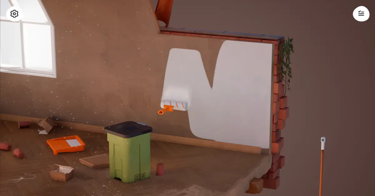 Visão na primeira pessoa a pintar uma parede no Hozy, rodeado de caixas de mudanças e luz do sol.