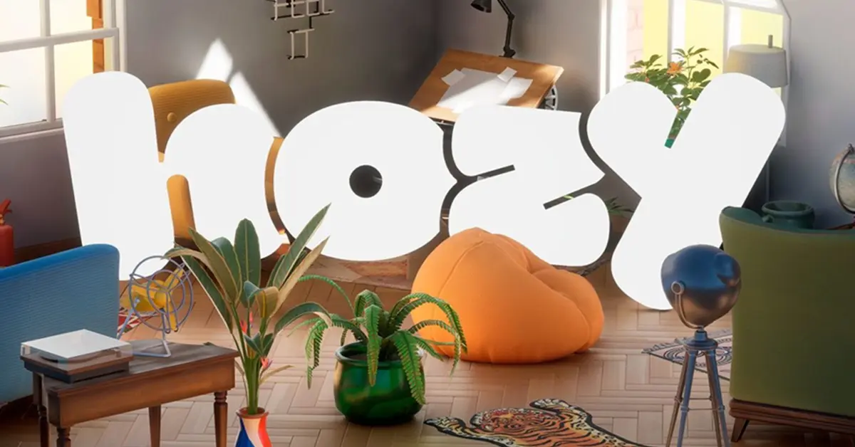 Logótipo do jogo Hozy sobre uma sala de estar virtual soalheira e lindamente decorada.