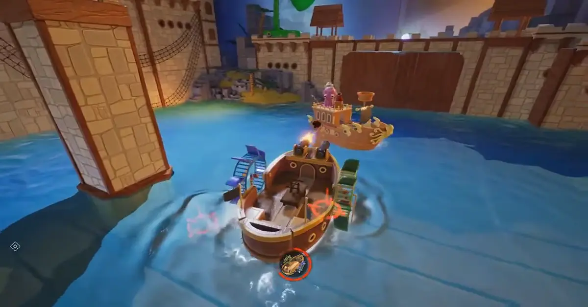Cody e May a lutar contra um boss gigante num navio pirata de madeira em It Takes Two