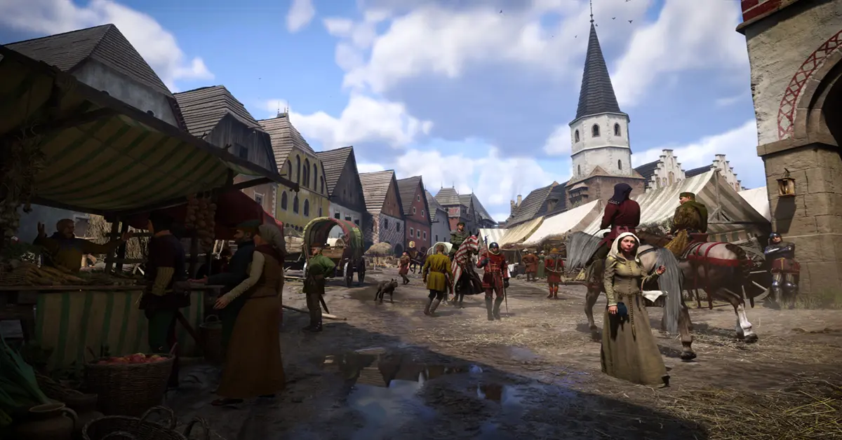 Um olhar detalhado sobre os movimentados mercados medievais da cidade e NPCs autênticos em Kingdom Come Deliverance 2