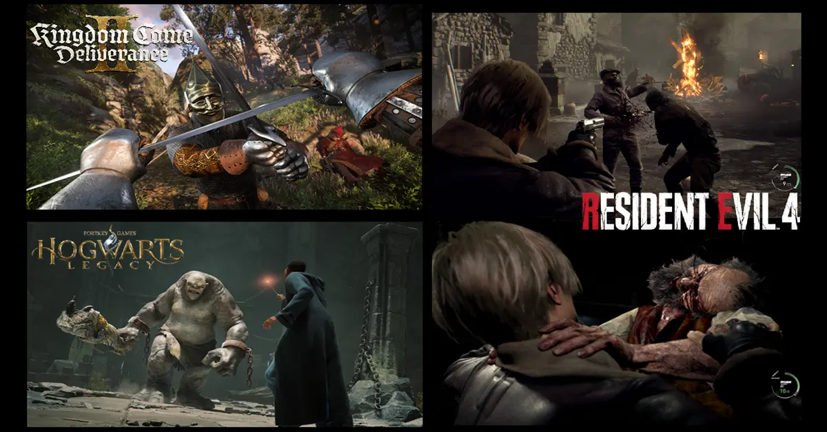 Uma colagem de cenas de Kingdom Come Deliverance 2, Resident Evil 4 Remake e Hogwarts Legacy mostrando mecânicas de jogo