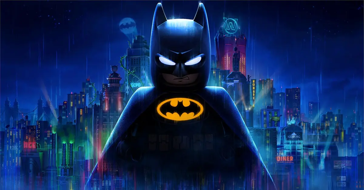 Arte de capa de LEGO Batman Legacy of the Dark Knight mostrando Batman observando Gotham City