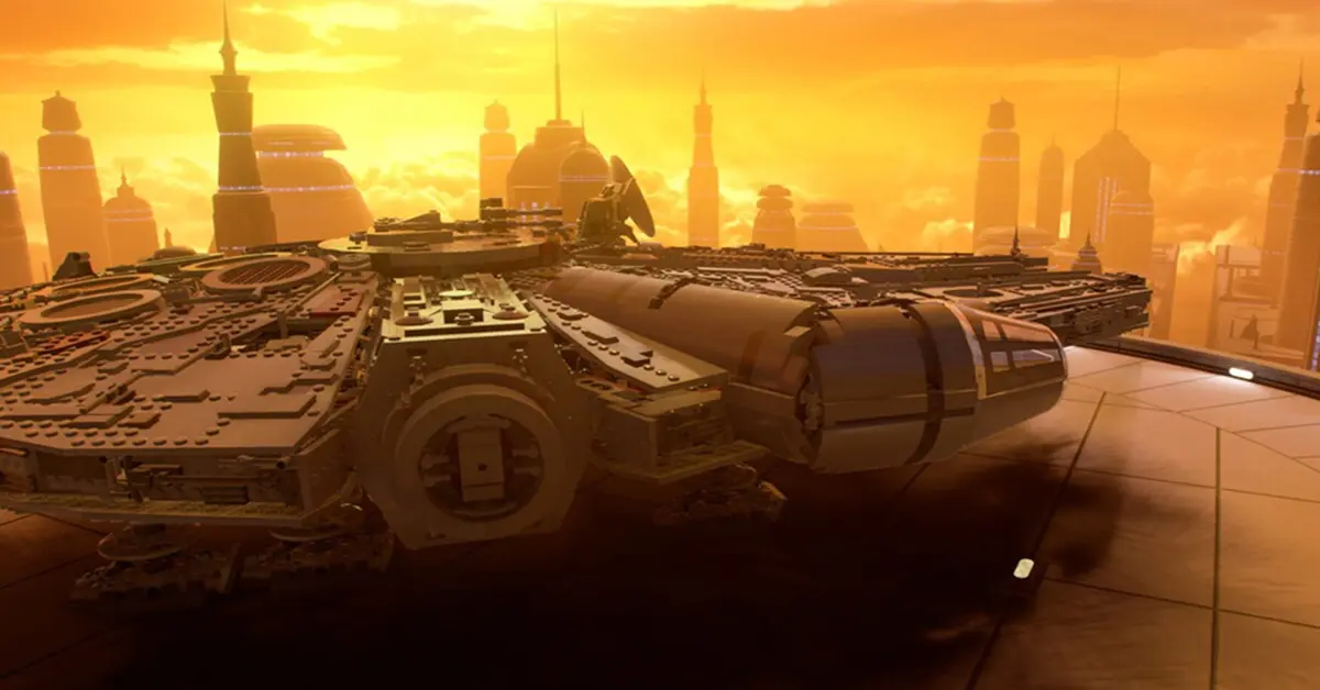 A Millennium Falcon a voar em direção a um movimentado hub planetário em LEGO Star Wars