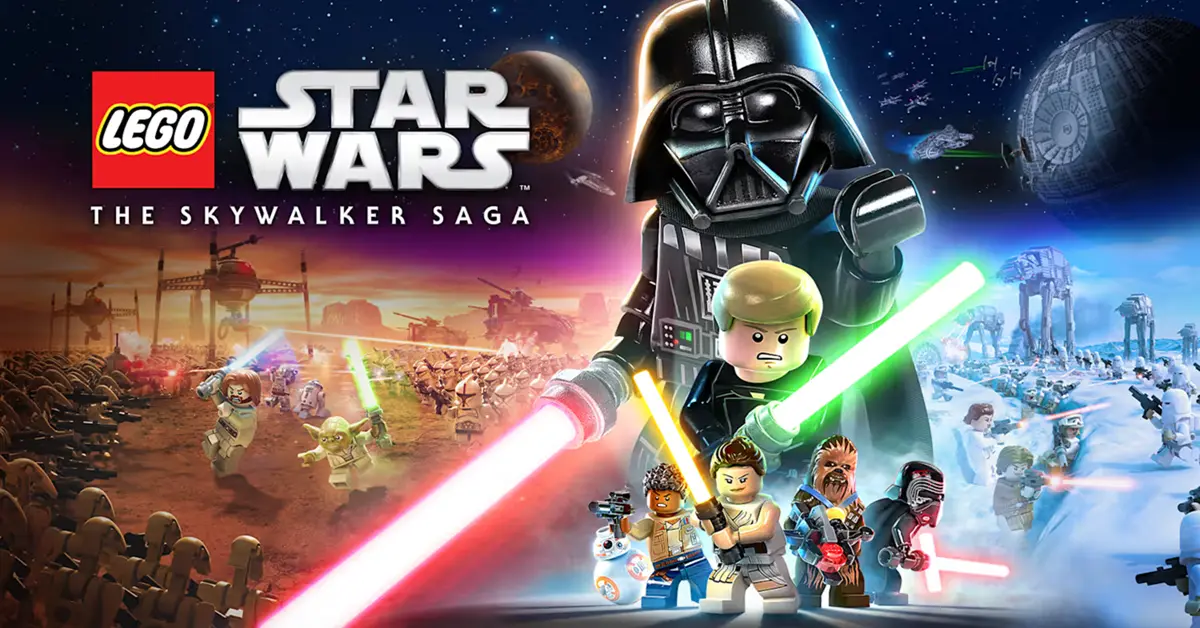 LEGO Luke Skywalker a acender o seu sabre de luz azul contra um cenário de deserto