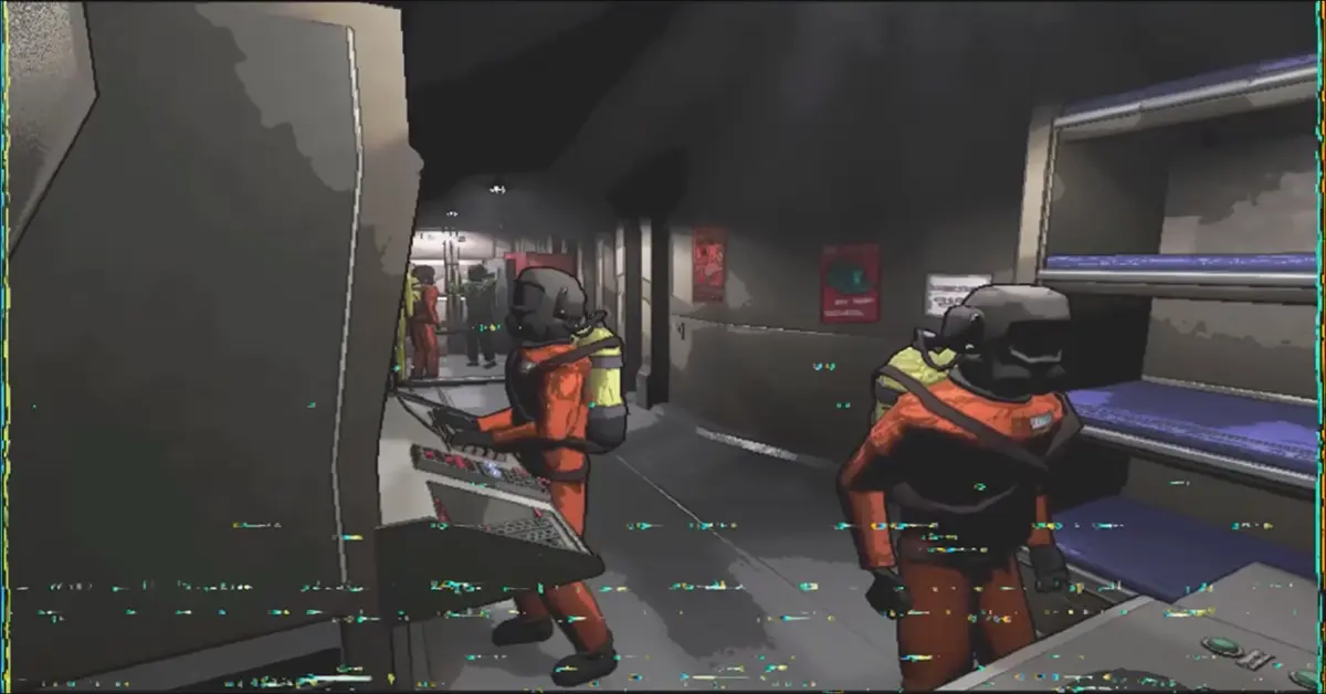 Quatro recoletores em fatos laranjas a enfrentar um monstro em Lethal Company