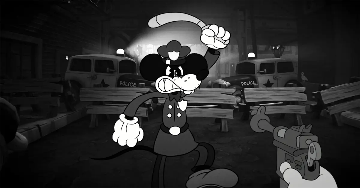 Perspetiva em primeira pessoa em MOUSE: P.I. For Hire apontando uma metralhadora Thompson a ratos gangsters animados.