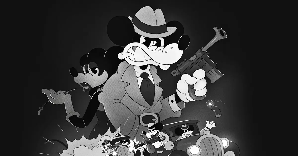 Jack Pepper a navegar num beco escuro em MOUSE: P.I. For Hire com revólveres em punho.