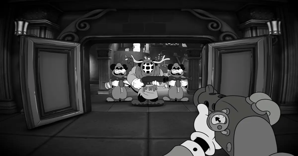 Uma imagem cinematográfica de gameplay de MOUSE: P.I. For Hire mostrando o estilo de animação rubber-hose dos anos 30.