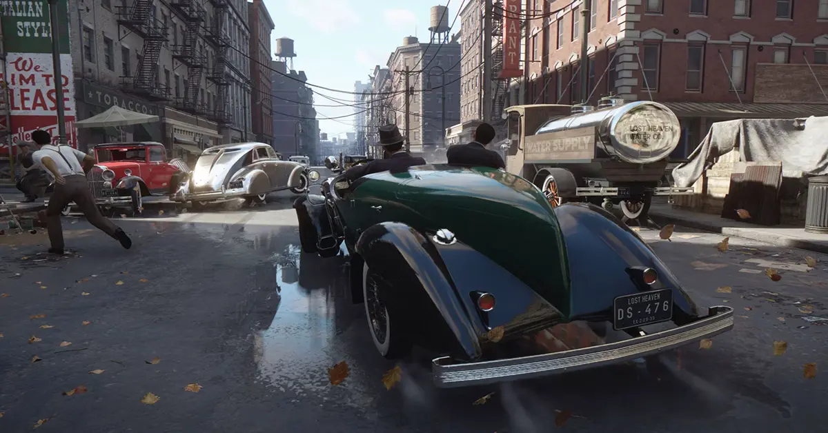 Captura de ecrã de jogabilidade mostrando as mecânicas de condução em Mafia Definitive Edition