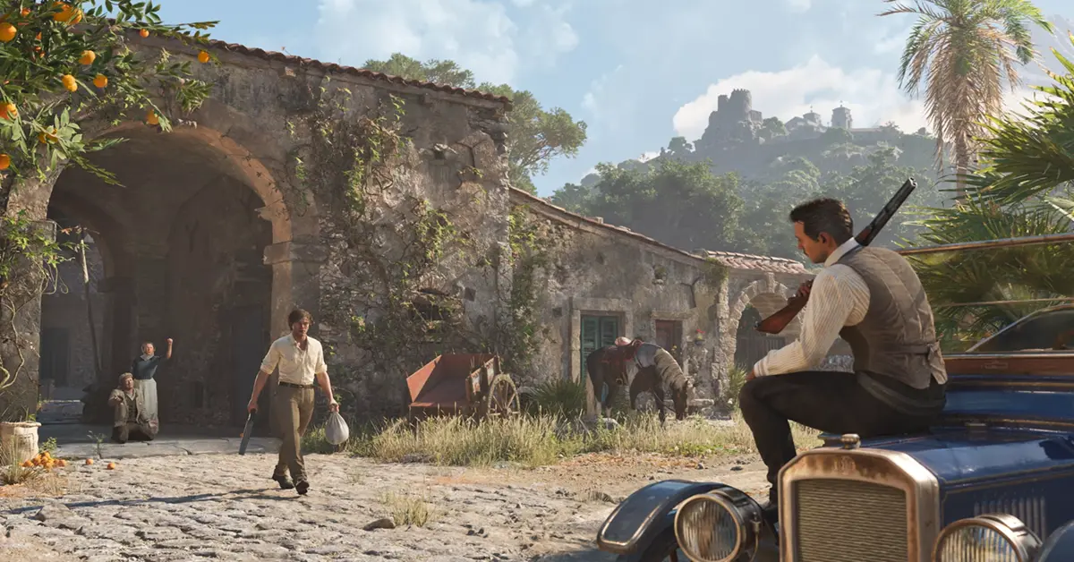 Tommy Angelo e Vito Scaletta da trilogia Mafia ao lado de uma paisagem siciliana dos anos 1900 de The Old Country