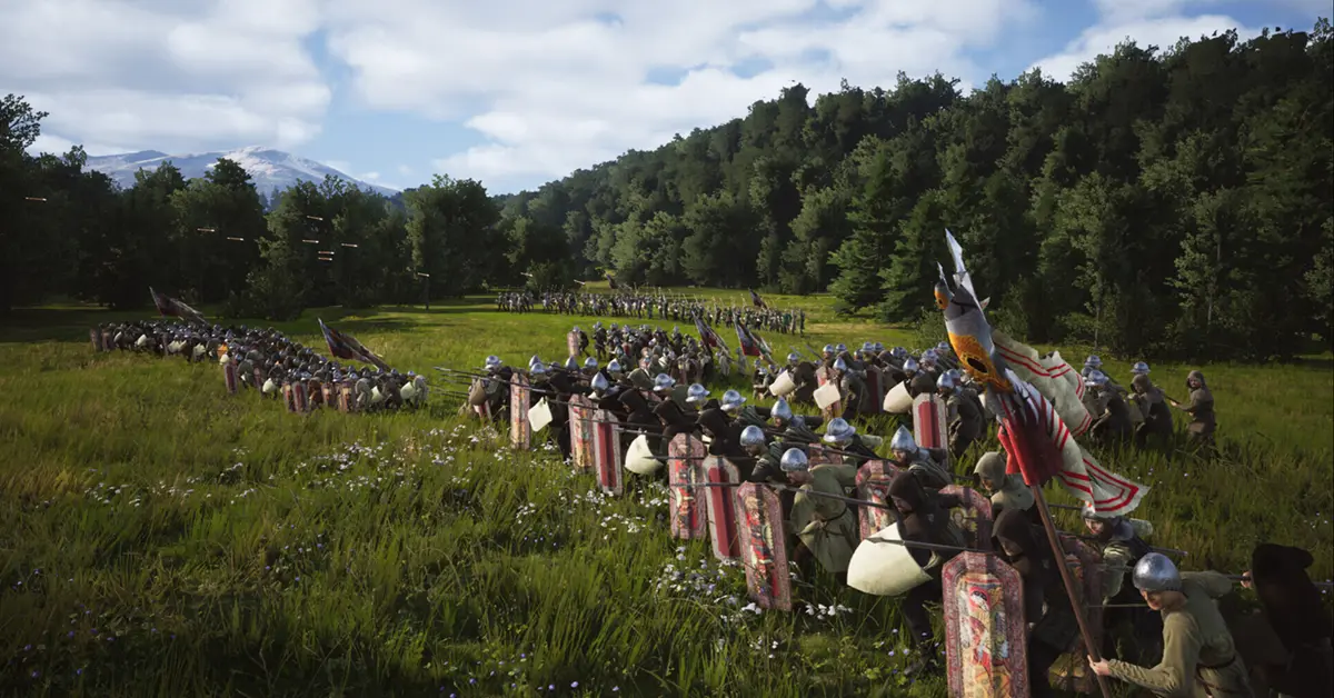 Uma formação de lanceiros medievais envolvidos em combate tático no Manor Lords no PC.