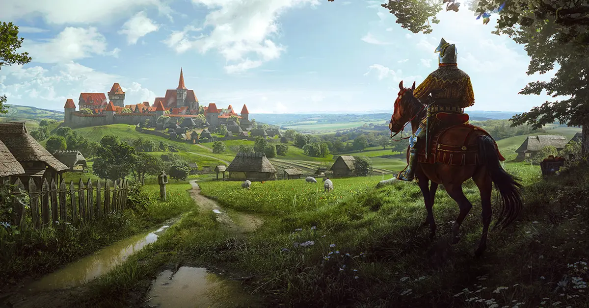 Uma aldeia medieval movimentada em Manor Lords com camponeses a trabalhar nos campos e um castelo ao longe
