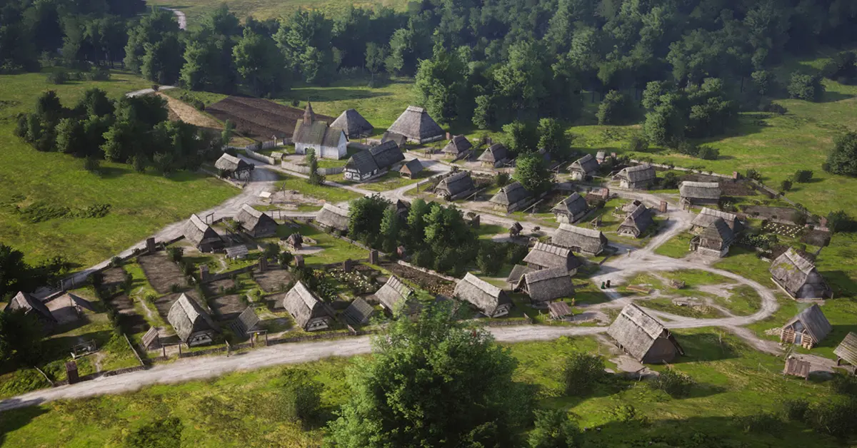 Plano cinematográfico amplo de uma aldeia medieval em Manor Lords, mostrando bancas de mercado e casas de enxaimel.