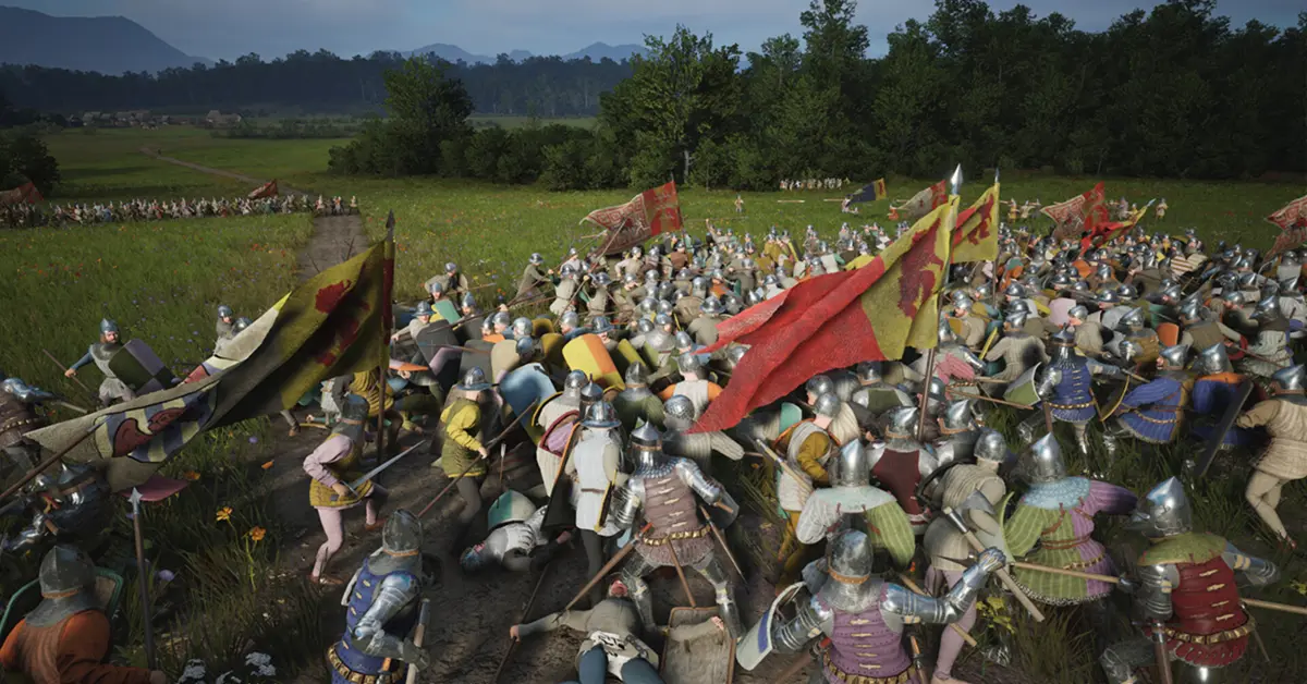 Vista aérea de uma batalha tática medieval em Manor Lords com arqueiros a disparar contra a infantaria inimiga