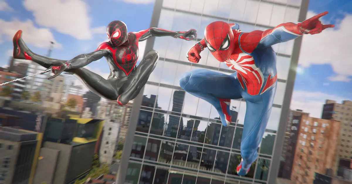 Peter Parker e Miles Morales a balançarem-se pelos céus de uma Nova Iorque com ray-tracing.