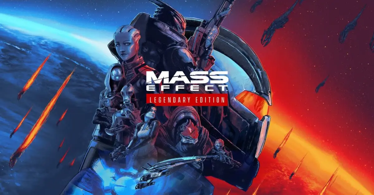 Arte da capa de Mass Effect Legendary Edition com o Comandante Shepard e a tripulação da Normandy.