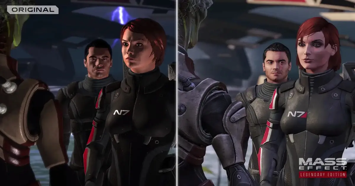 Comparação lado a lado dos visuais originais de Mass Effect versus o remaster 4K da Legendary Edition.