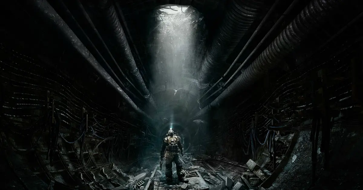 Artyom a explorar os túneis subterrâneos pós-apocalípticos do metro em Metro Redux.