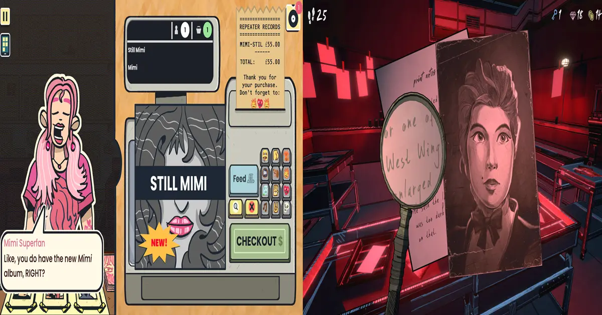 Captura de tela do jogo mostrando o balcão da loja de discos em Wax Heads ao lado de elementos de quebra-cabeça de Blue Prince.