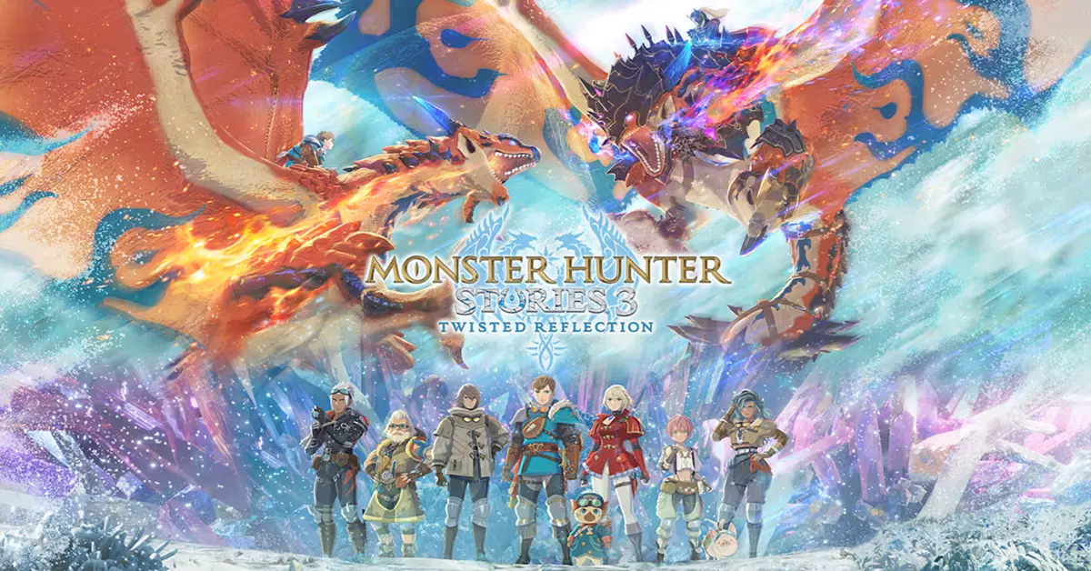 Rathalos gémeos a sobrevoar os céus em Monster Hunter Stories 3.