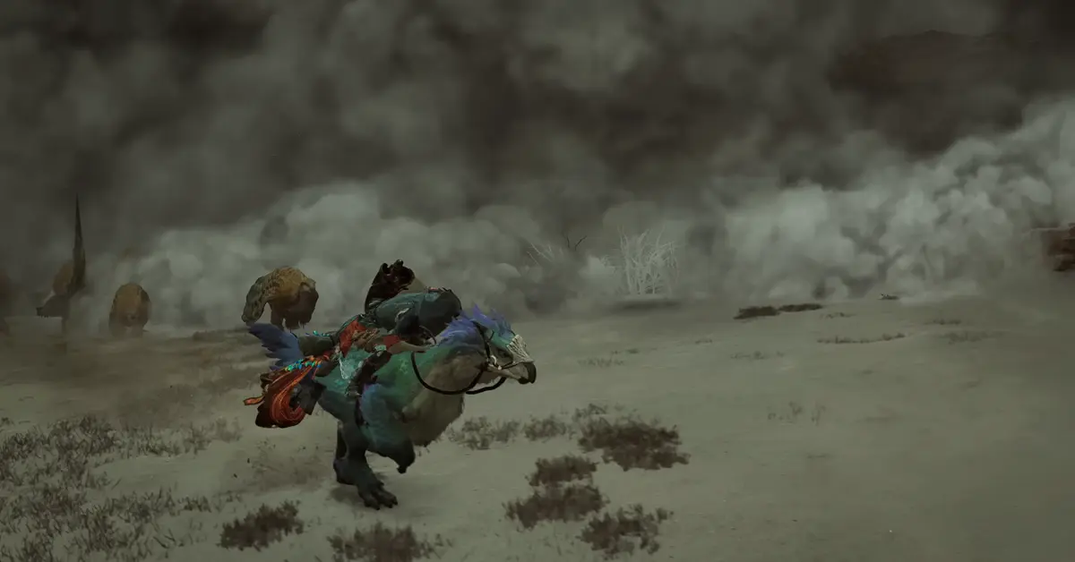 Um caçador a montar um Seikret no meio de uma violenta tempestade de areia no Monster Hunter Wilds