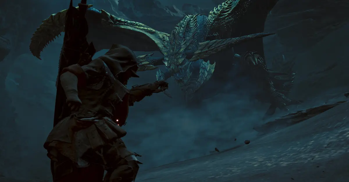 Vista detalhada de um caçador a utilizar uma espada grande contra um wyvern voador