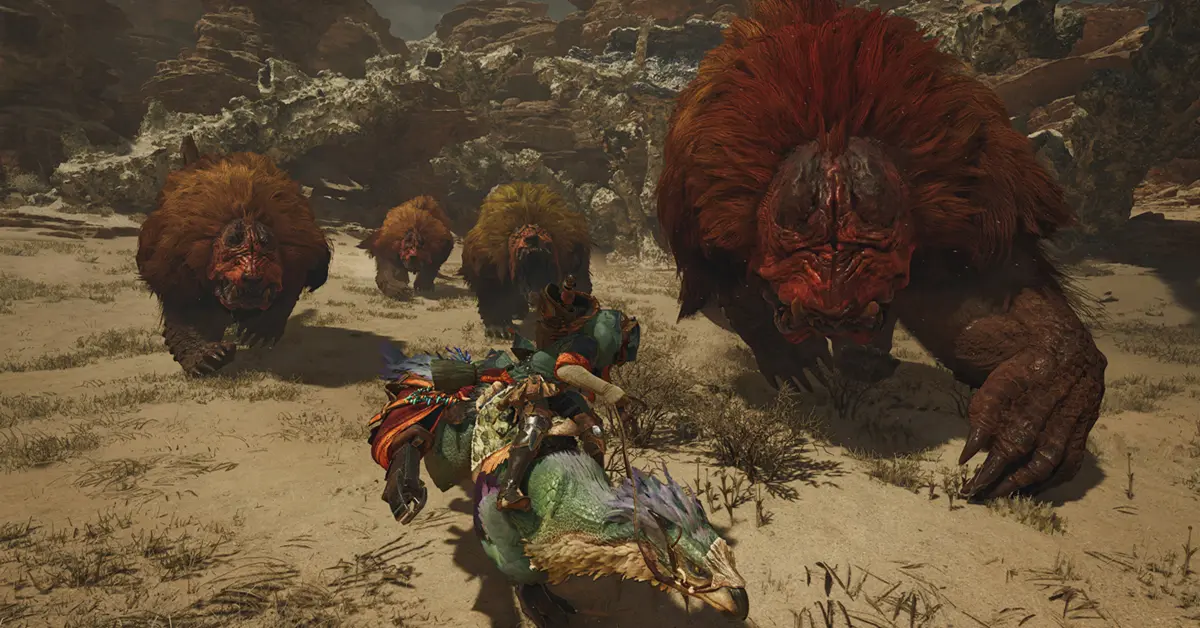 Personagem de Monster Hunter Wilds frente a uma enorme besta do deserto