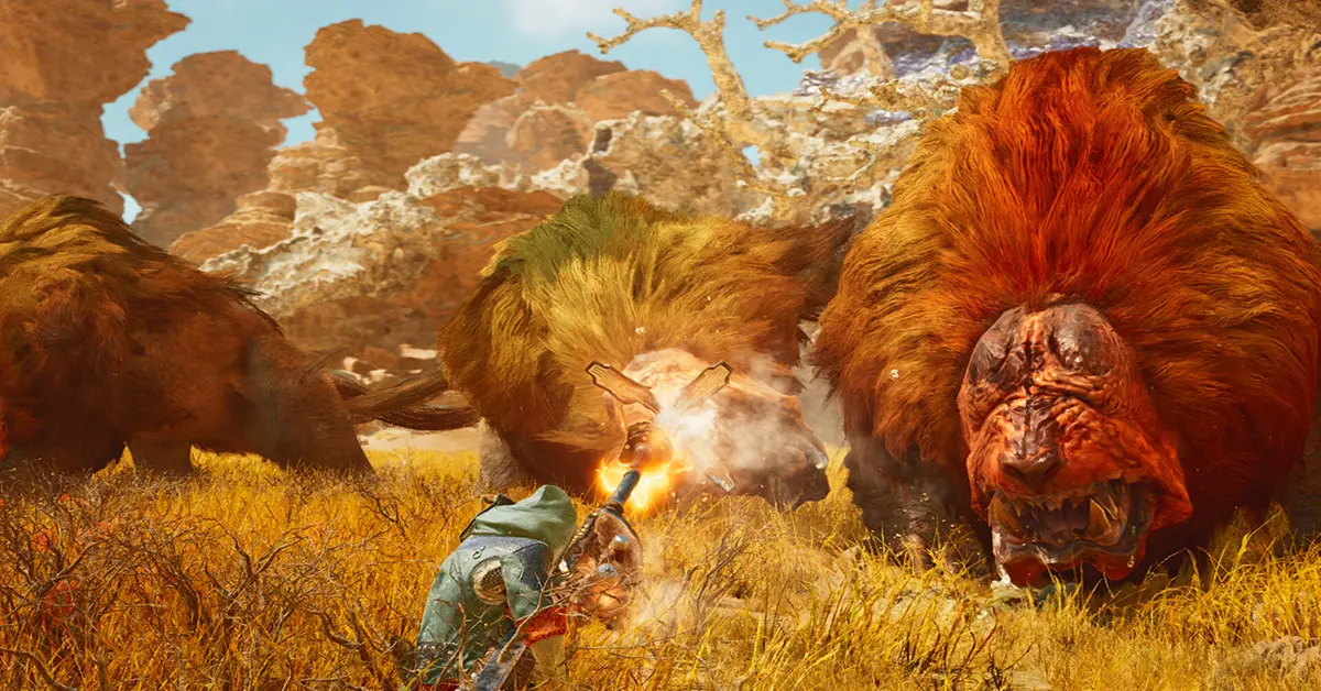 Caçador enfrentando uma fera massiva num ecossistema de clima dinâmico em Monster Hunter Wilds