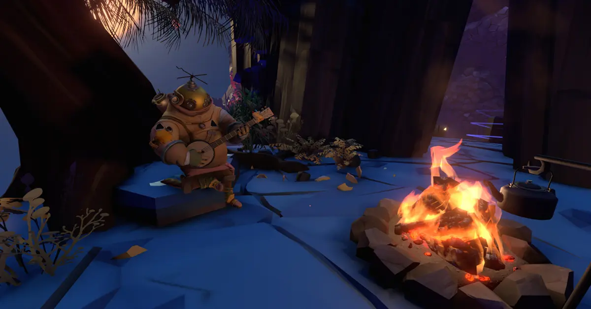 Um personagem a pé sobre uma superfície planetária em desintegração em Outer Wilds.